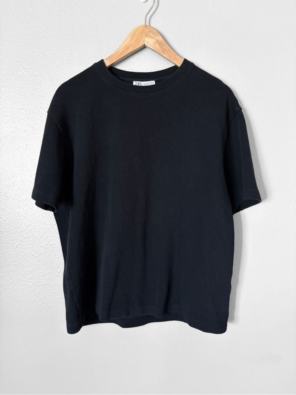 Zara Black Ribbed Textured 100% Cotton Crewneck T-Shirt Mens Size M 90s Normcore